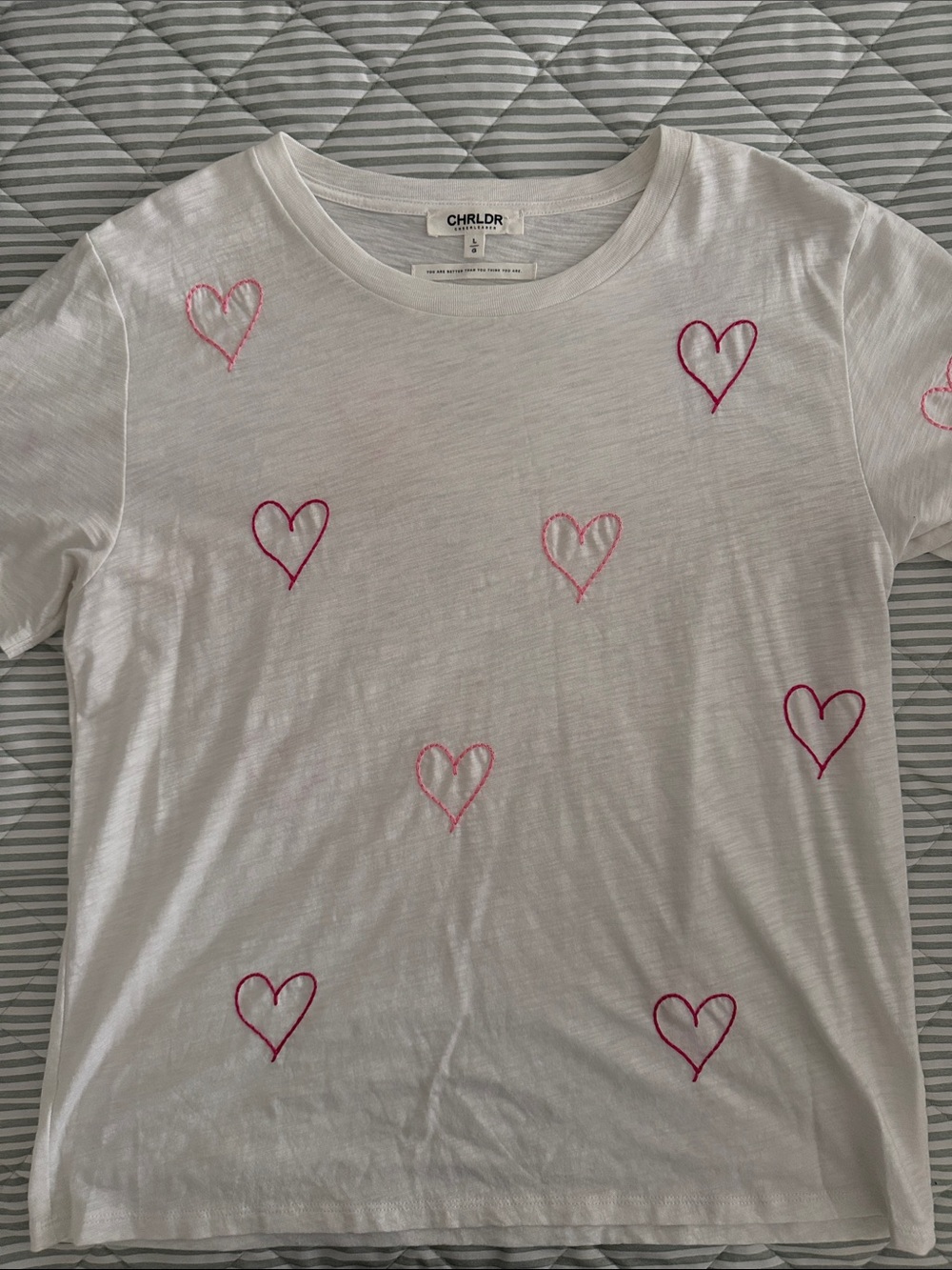 CHRLDR White Tee with Pink Heart Embroidery